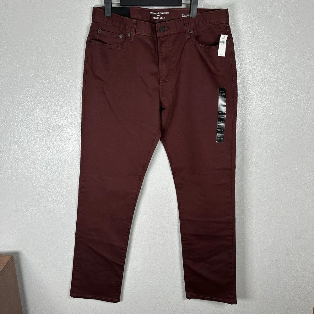 NEW Banana Republic Travel Jeans Pants Mens 33x32 Travelers Slim Fit Maroon Red